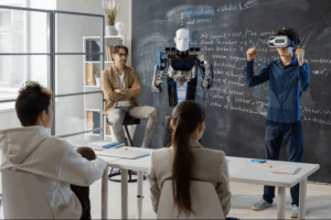 teenage-student-with-vr-headset-standing-by-blackboard-front-his-classmates-demonstrating-abilities-robot-near-by